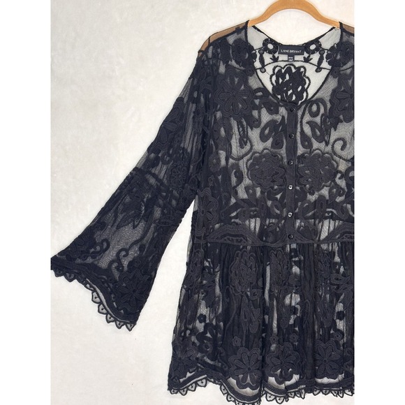 Lane Bryant Black Lace Sheer Tunic Whimsigoth Gothic Witchy Bell Sleeve 22/24 3X - Picture 2 of 12